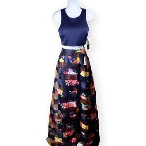 Sequin Hearts Juniors Navy Floral Formal Ball Gown 2-pc SZ 1 NWT